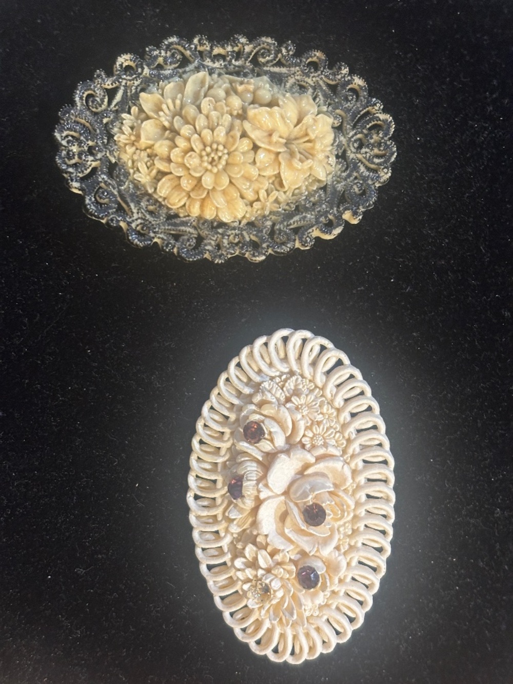 Vintage - Two celluloid Brooches - Cluster of Flowers